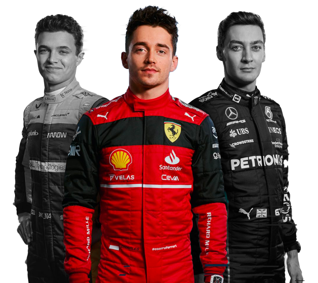 Pilotes de formule 1 en noir et blanc sauf Charles leclerc